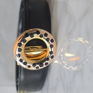 Cartier Black Leather Belt Gold Round Buckle Sz S